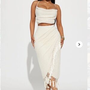 Fashion Nova Cream Fringe Midi Skirt Set
